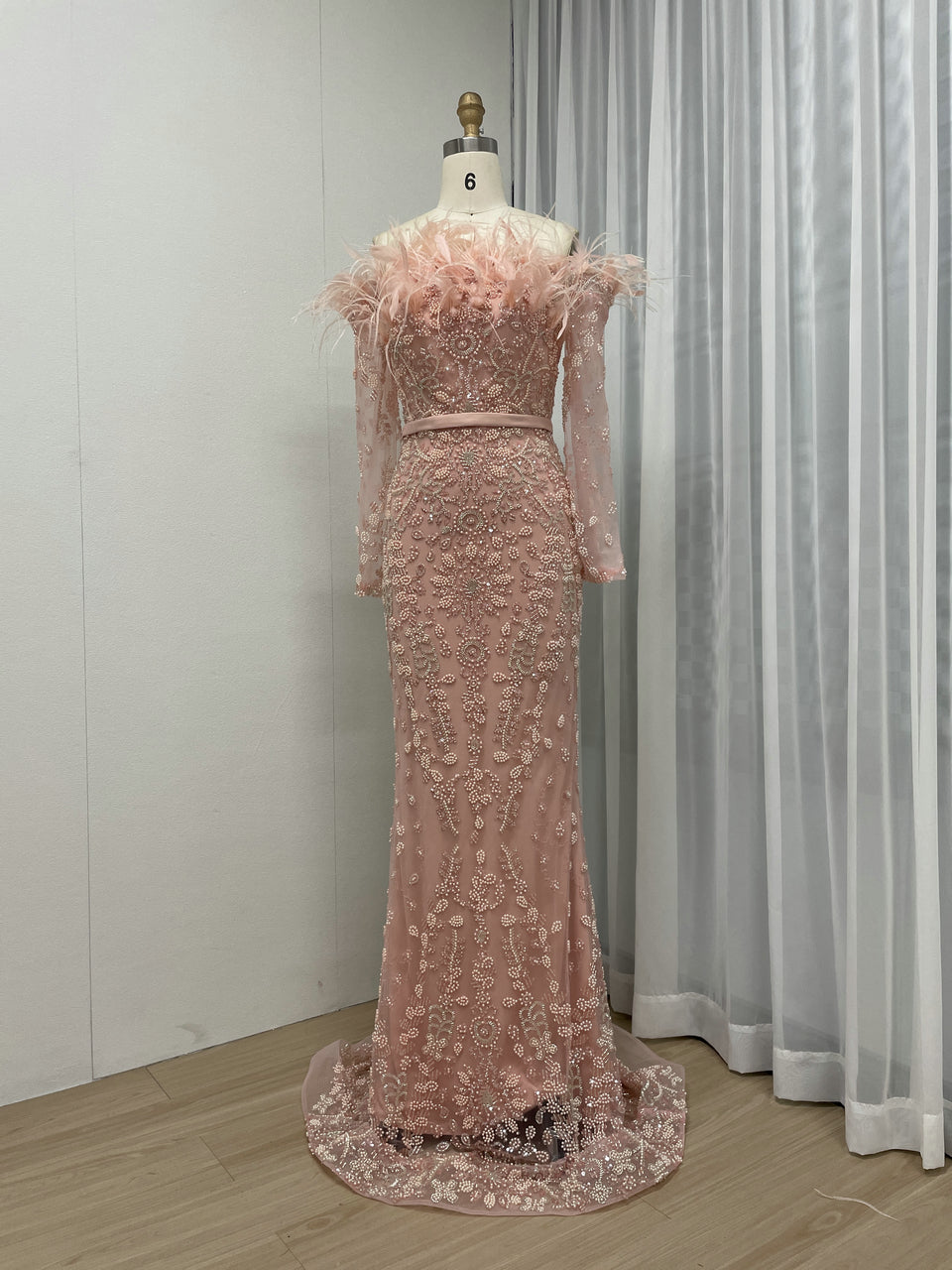 Exclusive Off Shoulder Feather Embelished Green Wedding Party Formal Dress MB40219