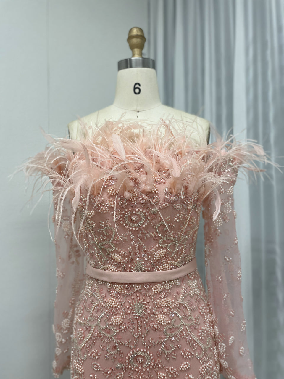 Exclusive Off Shoulder Feather Embelished Green Wedding Party Formal Dress MB40219