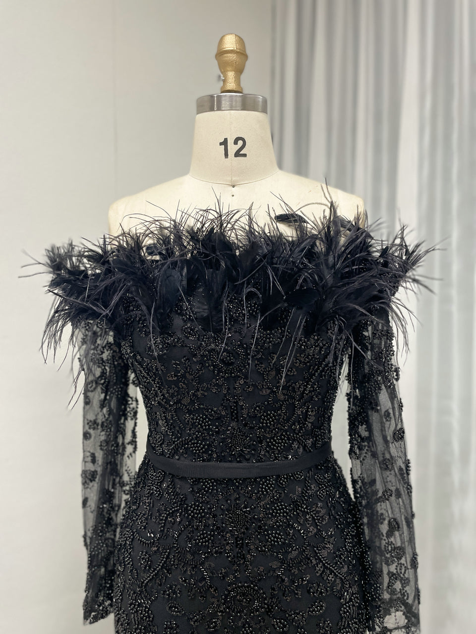 Exclusive Off Shoulder Feather Embelished Green Wedding Party Formal Dress MB40219