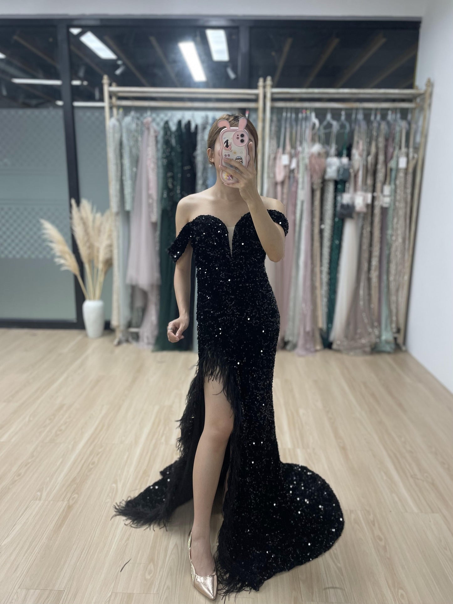 Sexy Off Shoulder Black Sequins Birthday Party Prom Dress MB40229