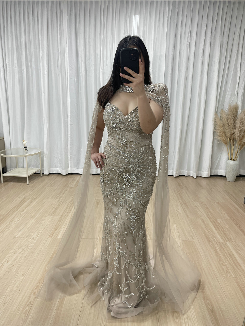 Glamorous Handmade Beading Removable Cape Sleeve Wedding Party Mother Of Bride Dress MB40236-2