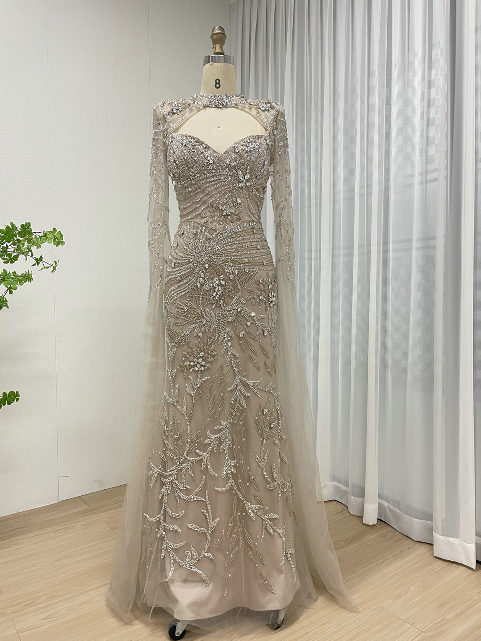 Glamorous Handmade Beading Removable Cape Sleeve Wedding Party Mother Of Bride Dress MB40236-2