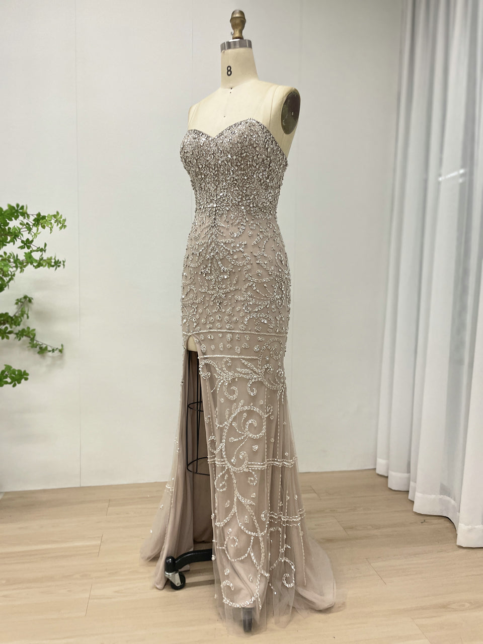 High Slit Dubai Evening Dress for Banquet Embellished Sparkling Beaded With Detachable Cape Sleeve MB40237-2