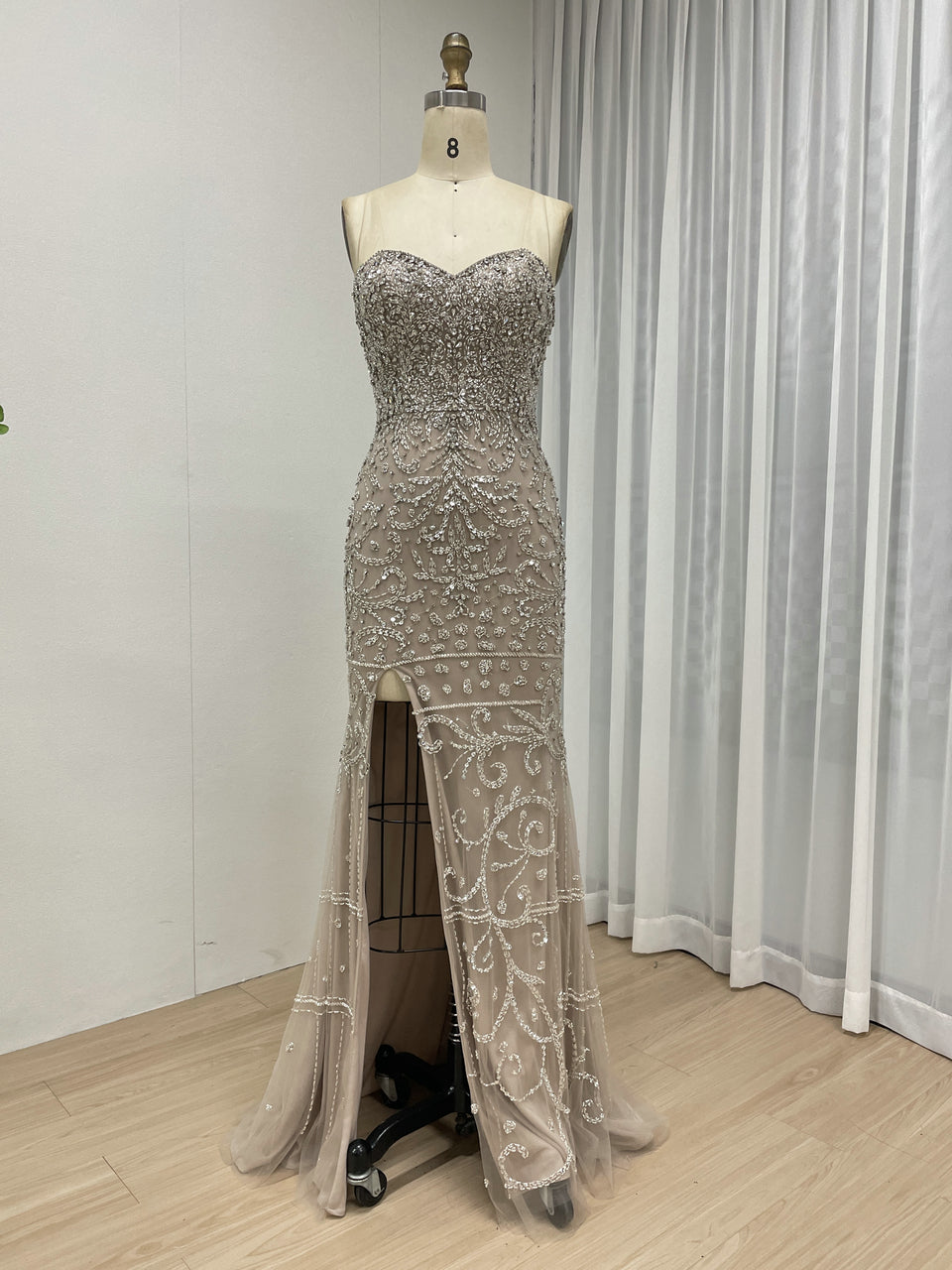 High Slit Dubai Evening Dress for Banquet Embellished Sparkling Beaded With Detachable Cape Sleeve MB40237-2