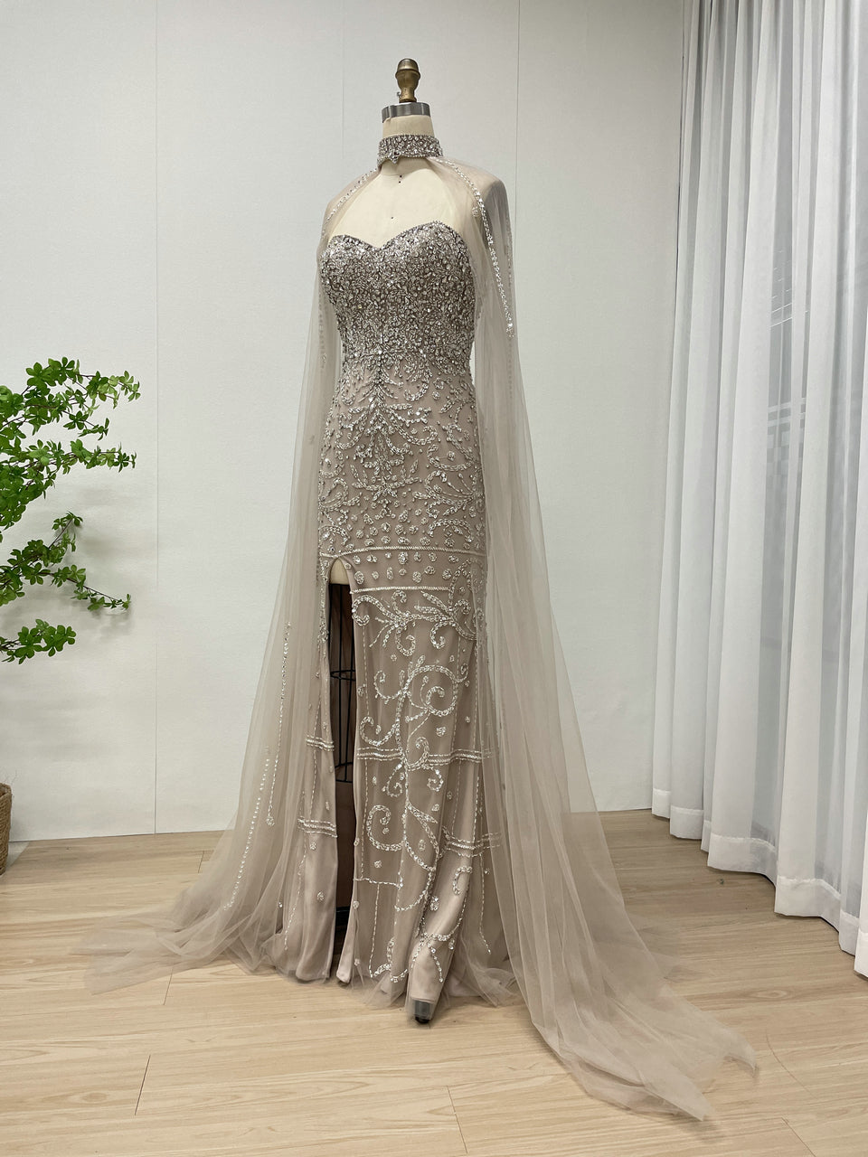 High Slit Dubai Evening Dress for Banquet Embellished Sparkling Beaded With Detachable Cape Sleeve MB40237-2