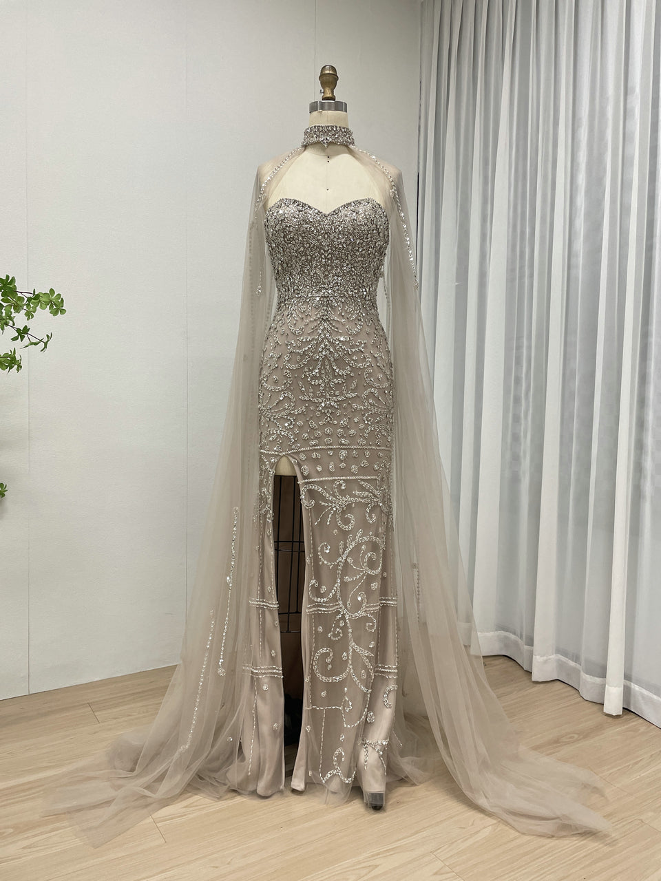 High Slit Dubai Evening Dress for Banquet Embellished Sparkling Beaded With Detachable Cape Sleeve MB40237-2