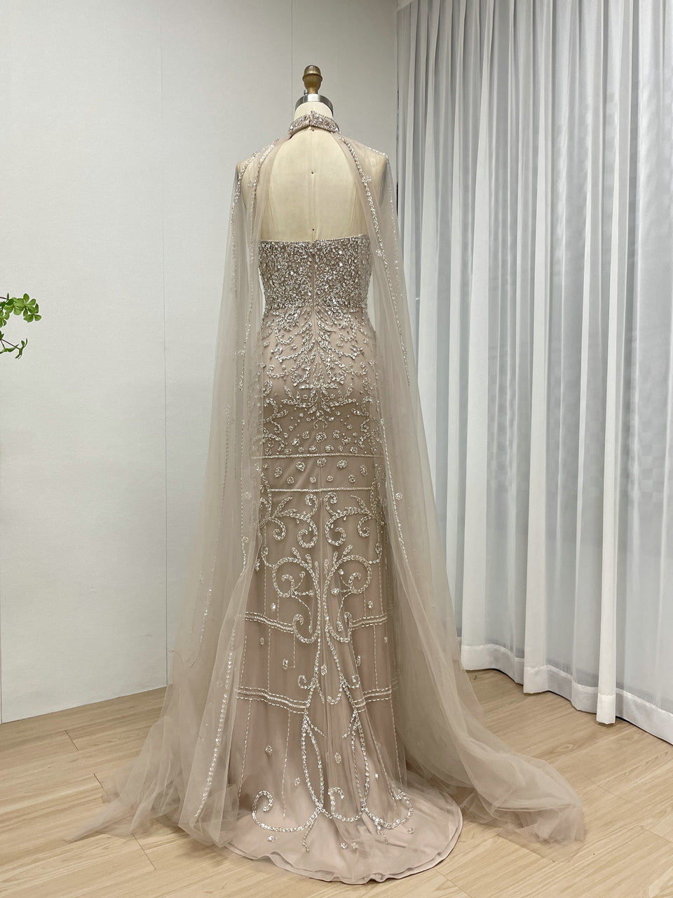 High Slit Dubai Evening Dress for Banquet Embellished Sparkling Beaded With Detachable Cape Sleeve MB40237-2