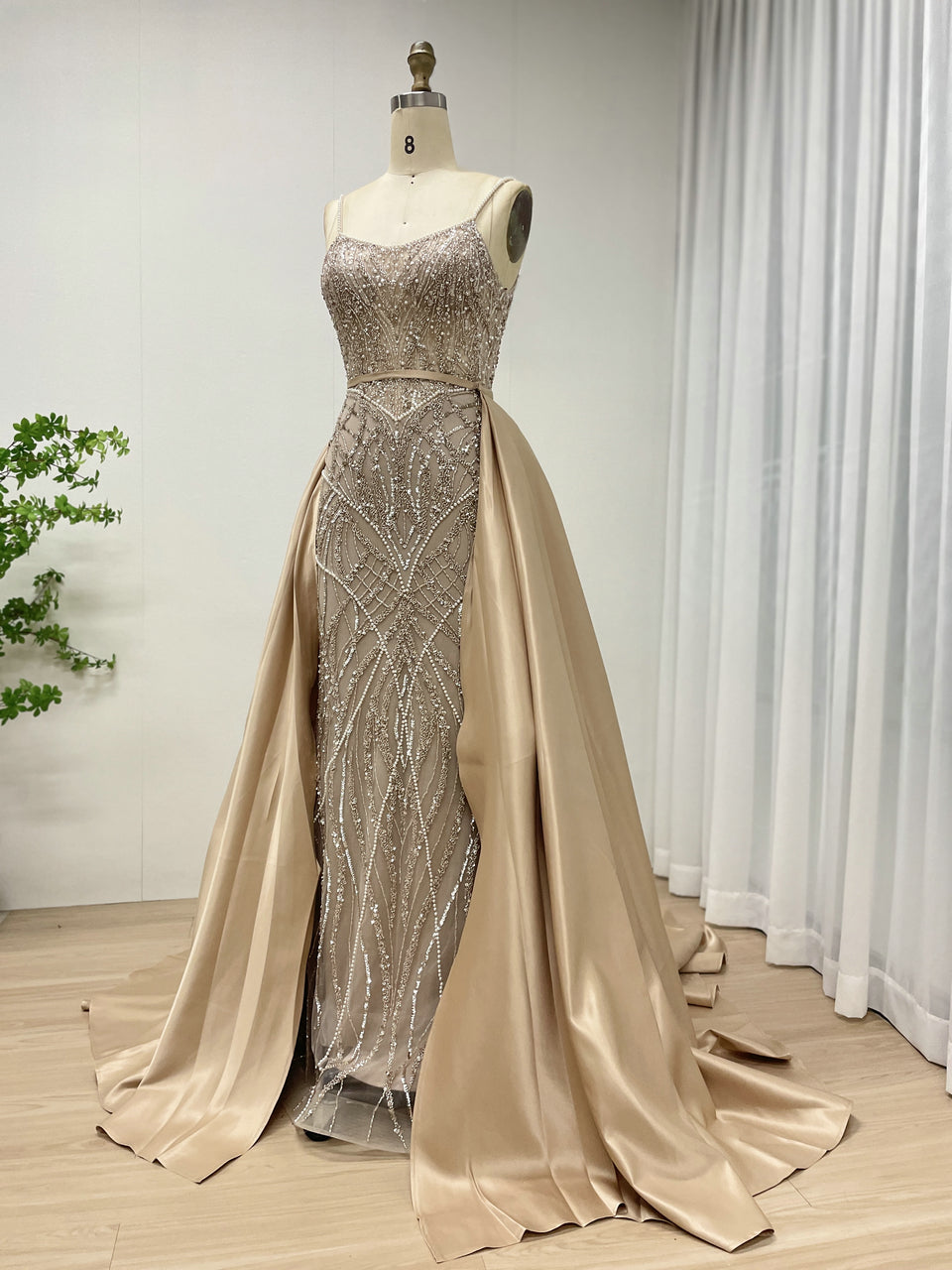 Luxury Spaghetti Strap Gown Embellished With Intricate Beadwork and Detachable Back Train MB40248B