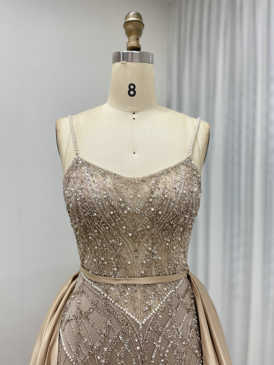 Luxury Spaghetti Strap Gown Embellished With Intricate Beadwork and Detachable Back Train MB40248B