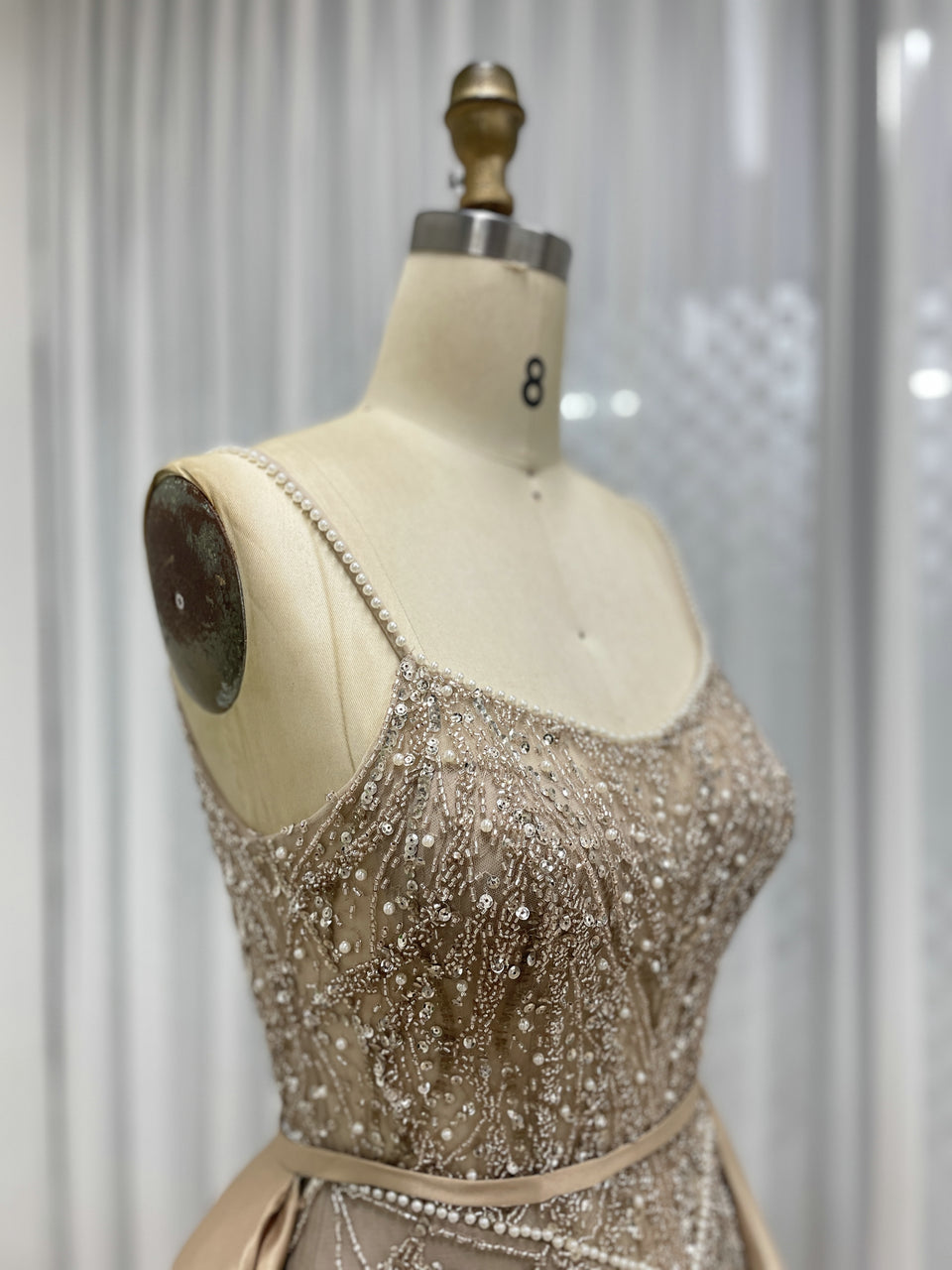 Luxury Spaghetti Strap Gown Embellished With Intricate Beadwork and Detachable Back Train MB40248B