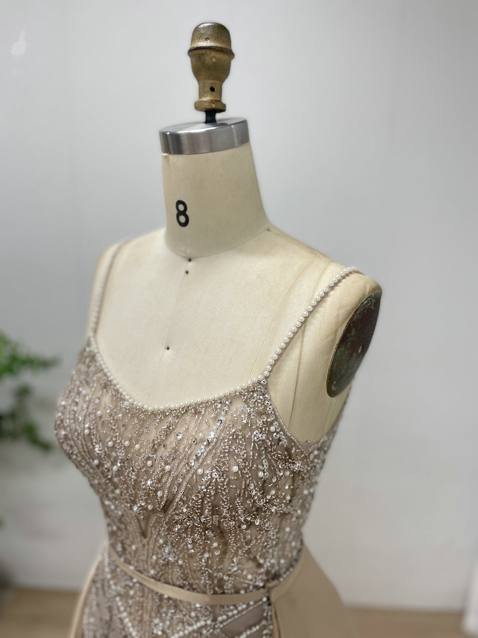 Luxury Spaghetti Strap Gown Embellished With Intricate Beadwork and Detachable Back Train MB40248B