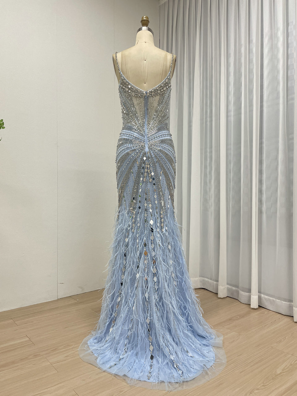 Champagne Sequin & Feather Mermaid Prom Dress - Rhinestone Embellished Gala Gown MB40260-2