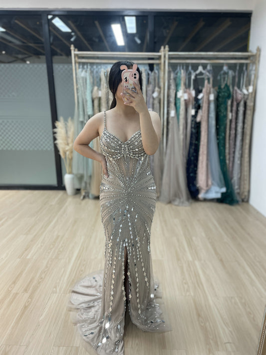 Spaghetti Strap Handmade Beading High Slit Prom Evening Dress MB4260
