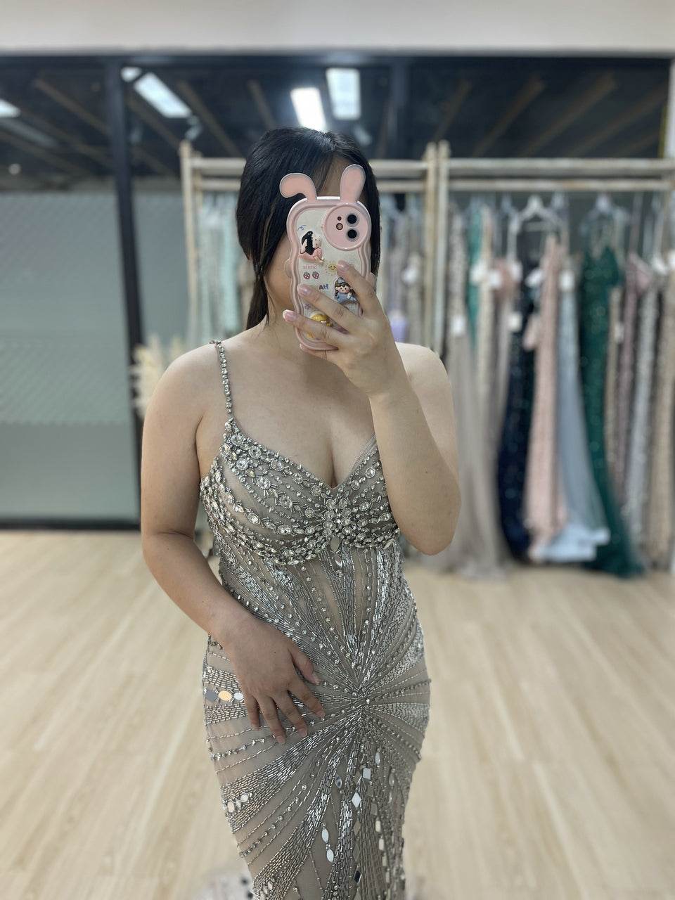 Spaghetti Strap Handmade Beading High Slit Prom Evening Dress MB4260