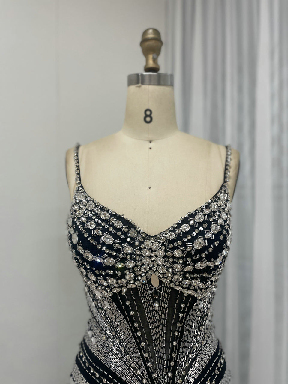 Spaghetti Strap Handmade Beading High Slit Prom Evening Dress MB40260