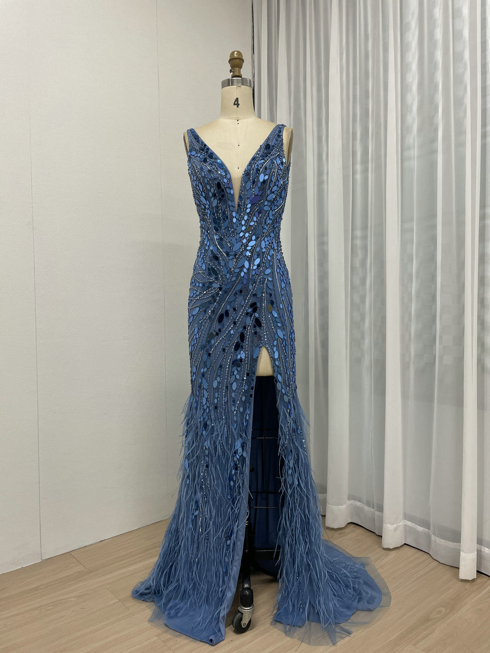 Beading Couture High Split Feather Skirt Evening Dress MB40261