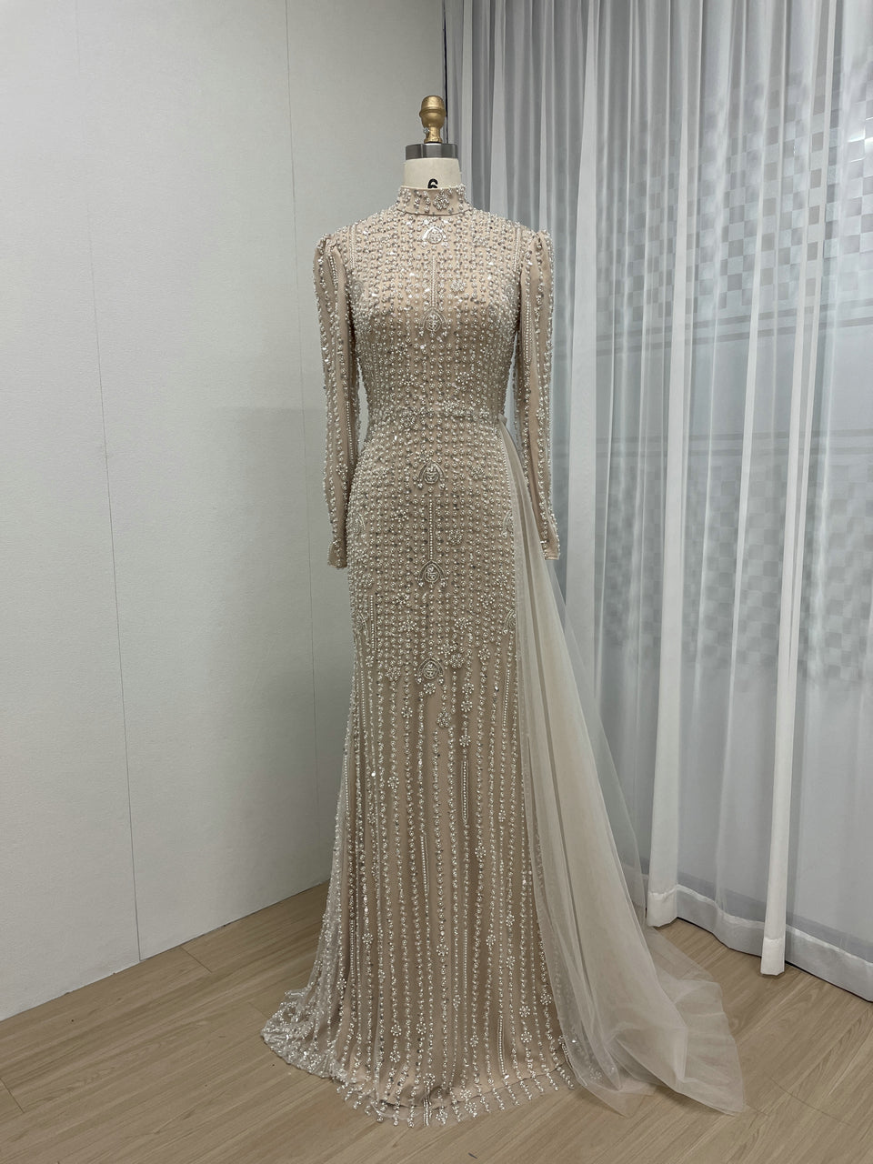 High Neck Nude Beading Lace Long Sleeve Evening Dress MB40263