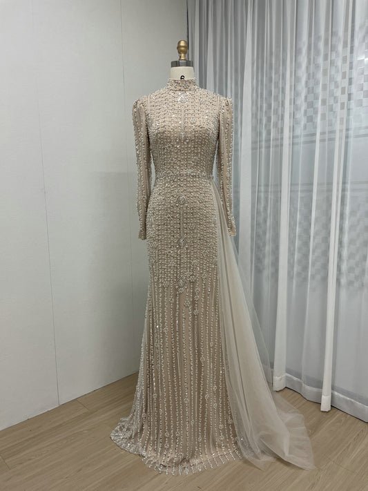 High Neck Nude Beading Lace Long Sleeve Evening Dress MB40263