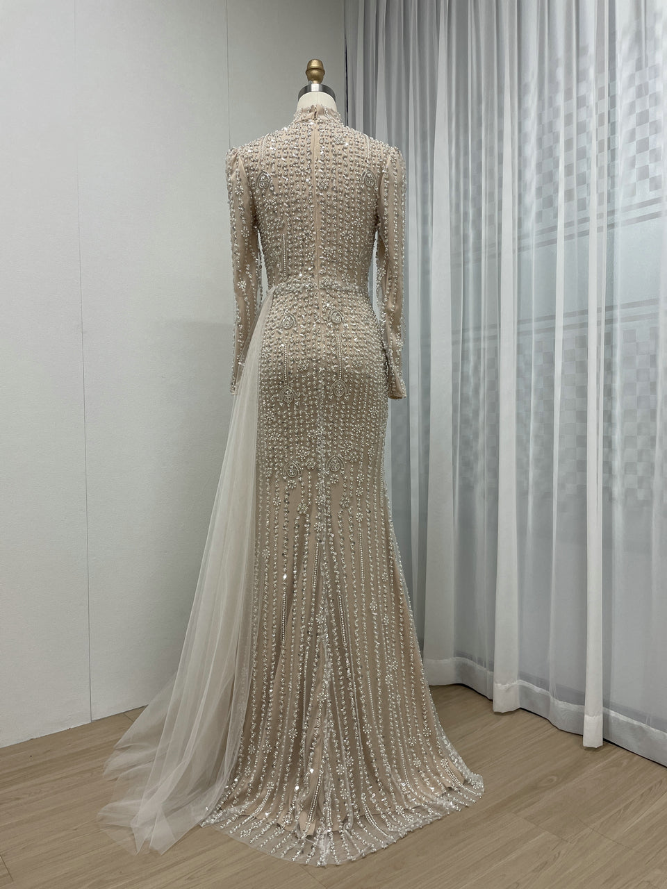 High Neck Nude Beading Lace Long Sleeve Evening Dress MB40263