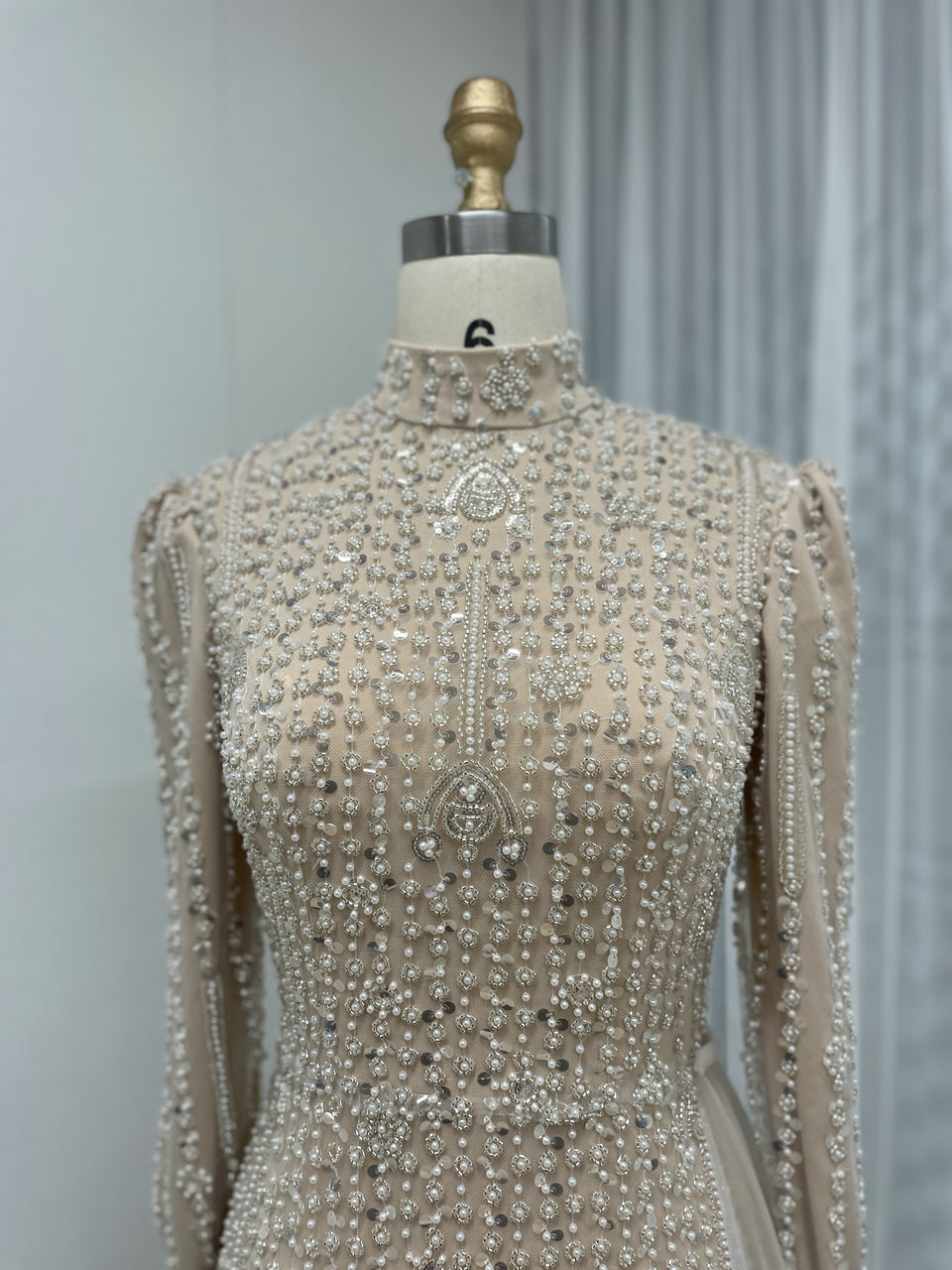 High Neck Nude Beading Lace Long Sleeve Evening Dress MB40263