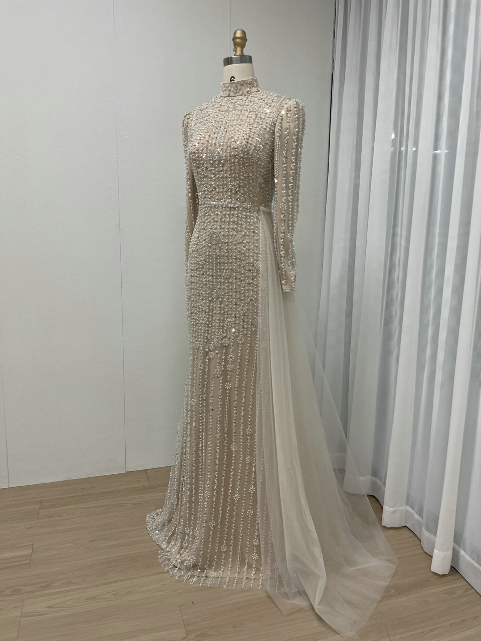 High Neck Nude Beading Lace Long Sleeve Evening Dress MB40263