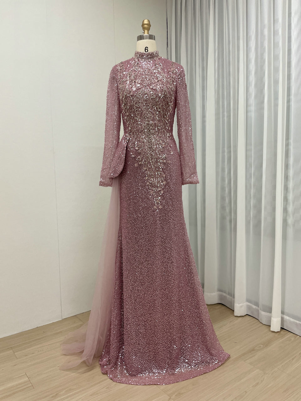 High Neck Long Sleeve Covered Beading Wedding Guest Mother Dress MB40266