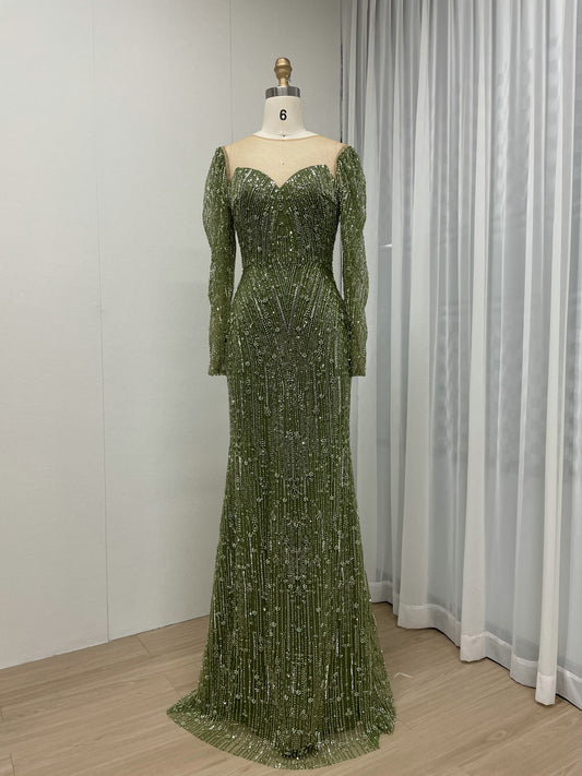 Exclusive Sheer Neck Long Sleeve Beading Lace Mermaid Green Wedding Party Dress MB40272