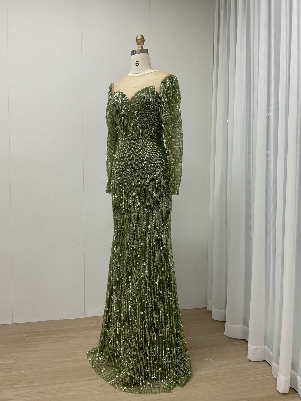 Exclusive Sheer Neck Long Sleeve Beading Lace Mermaid Green Wedding Party Dress MB40272