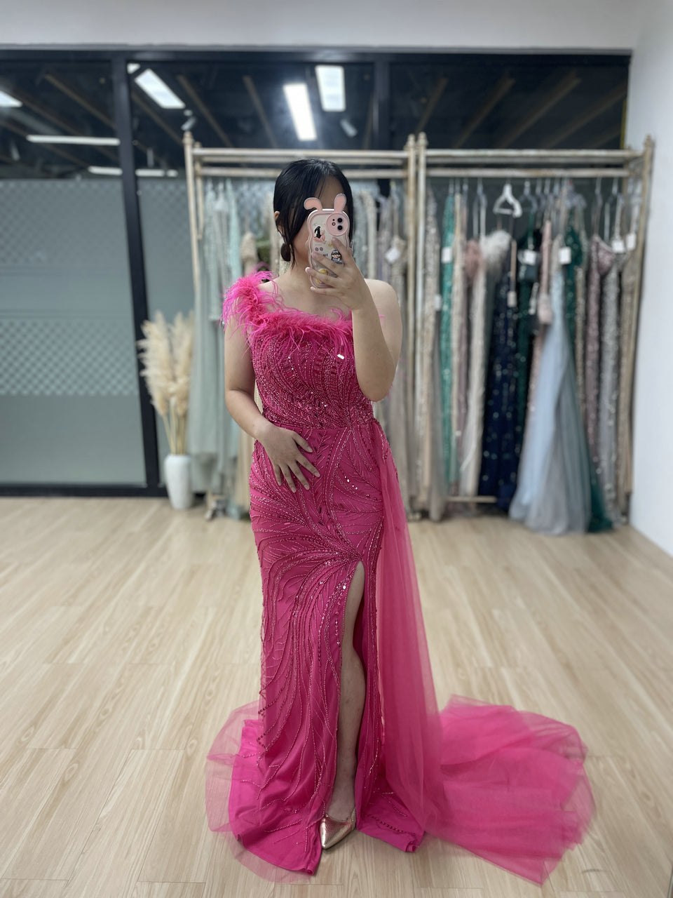 One Shoulder Feather Neckline Couture Beading Evening Dress MB40273