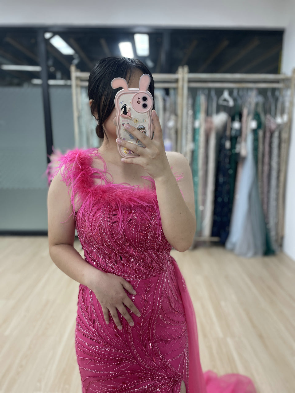 One Shoulder Feather Neckline Couture Beading Evening Dress MB40273