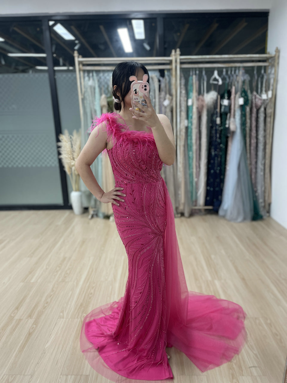 One Shoulder Feather Neckline Couture Beading Evening Dress MB40273