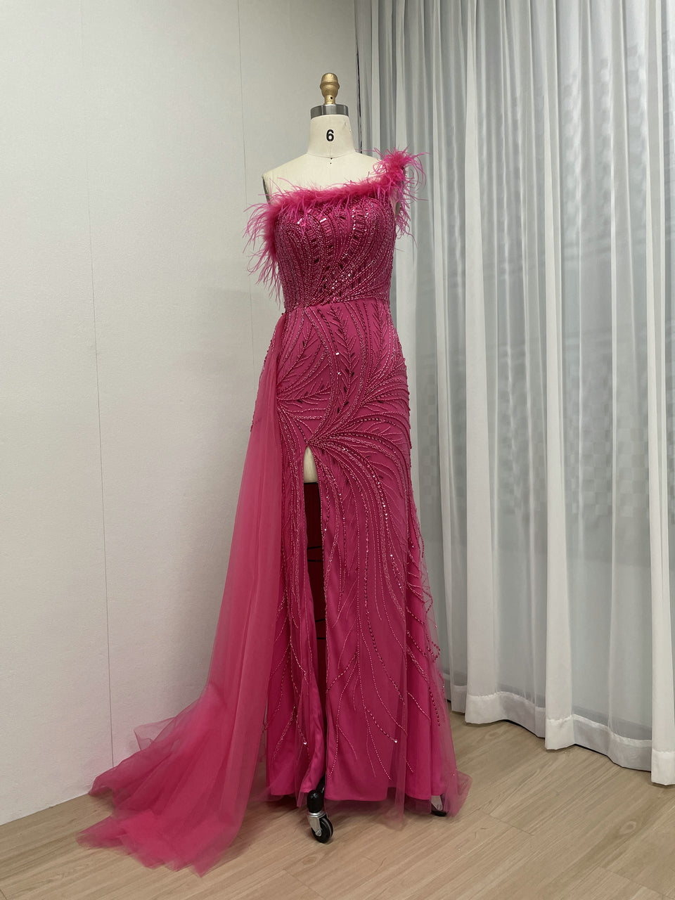 One Shoulder Feather Neckline Couture Beading Evening Dress MB40273