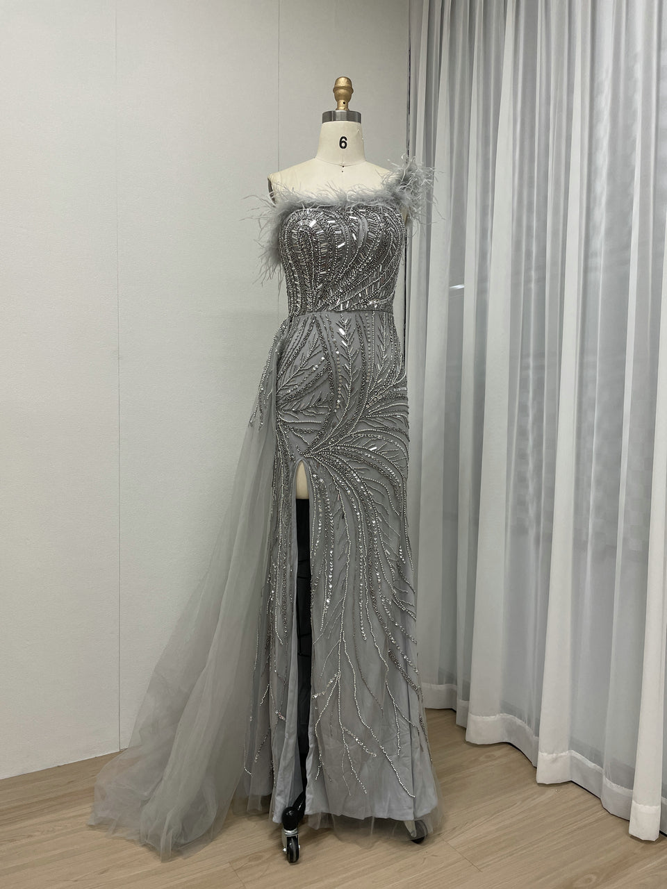 One Shoulder Feather Neckline Couture Beading Evening Dress MB40273