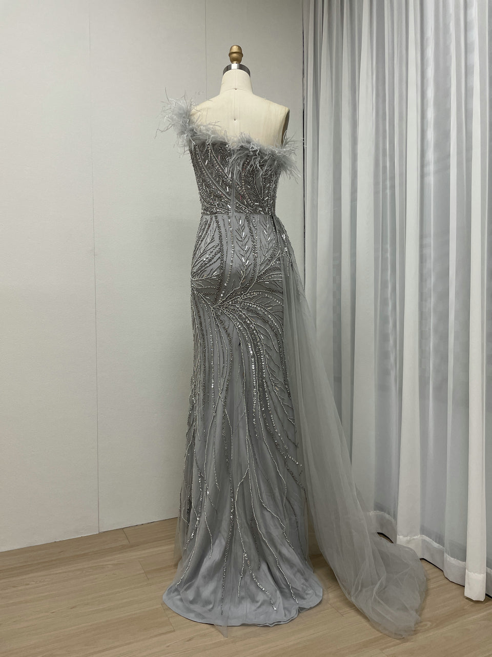 One Shoulder Feather Neckline Couture Beading Evening Dress MB40273
