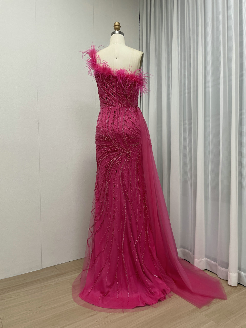 One Shoulder Feather Neckline Couture Beading Evening Dress MB40273