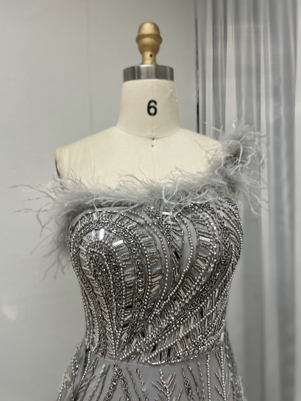 One Shoulder Feather Neckline Couture Beading Evening Dress MB40273