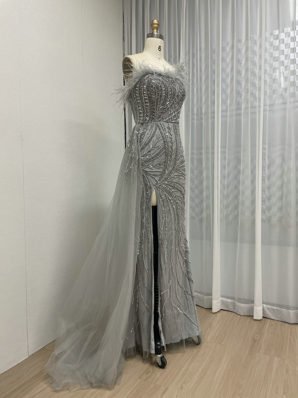 One Shoulder Feather Neckline Couture Beading Evening Dress MB40273