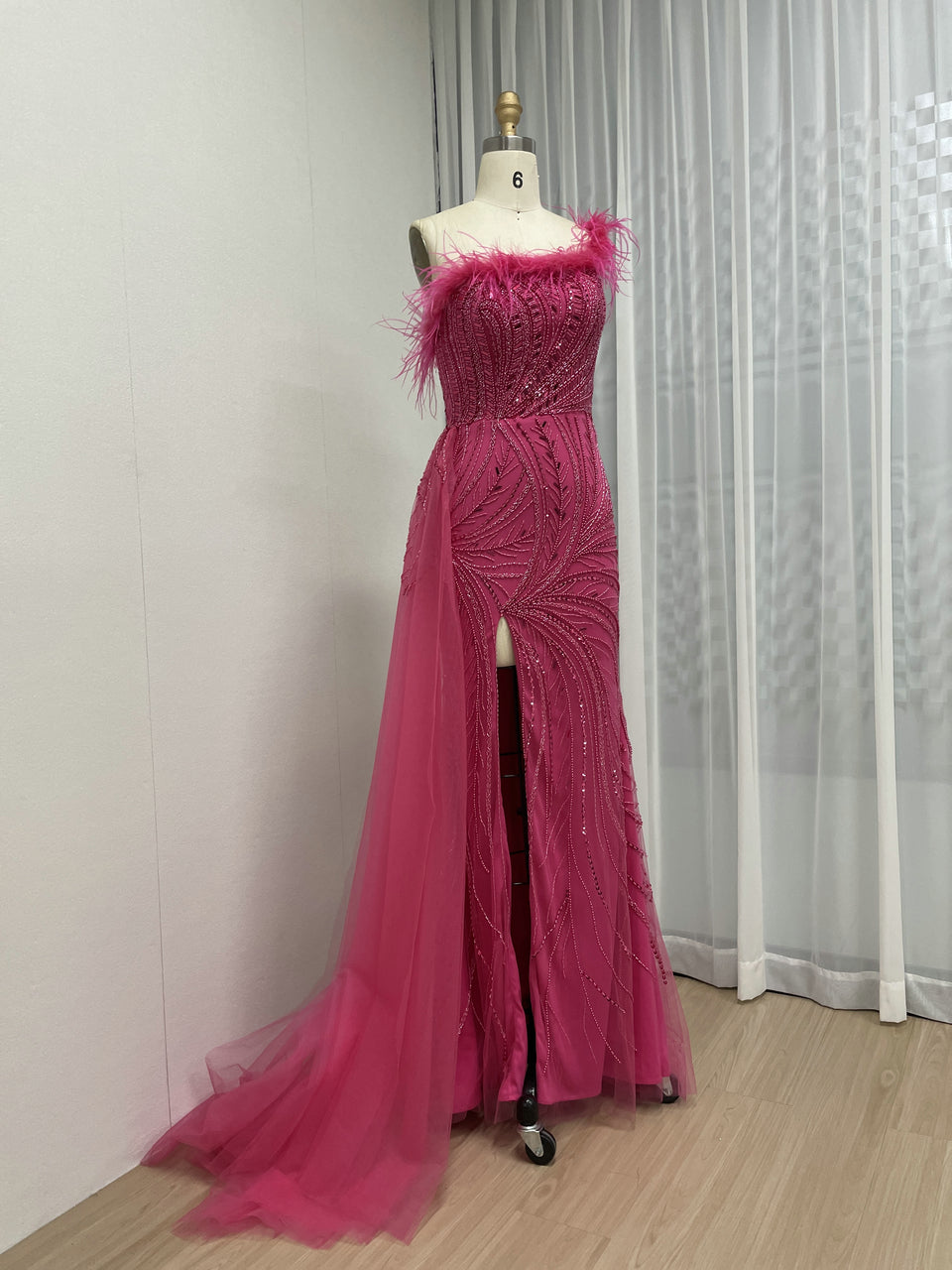 One Shoulder Feather Neckline Couture Beading Evening Dress MB40273