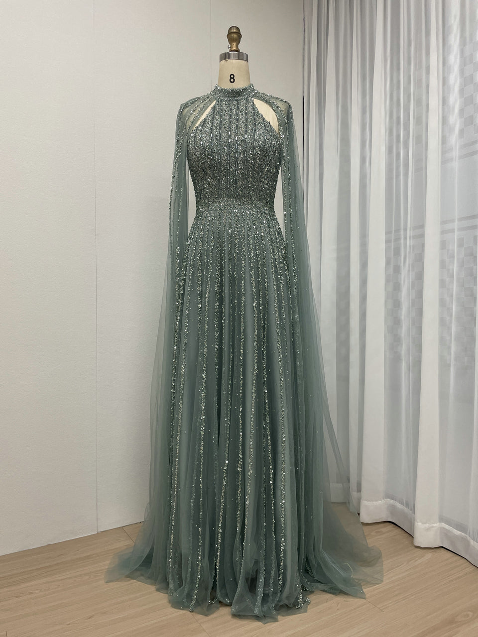 Cape Long Sleeve Couture Beading A Line Wedding Party Evening Dress MB40274