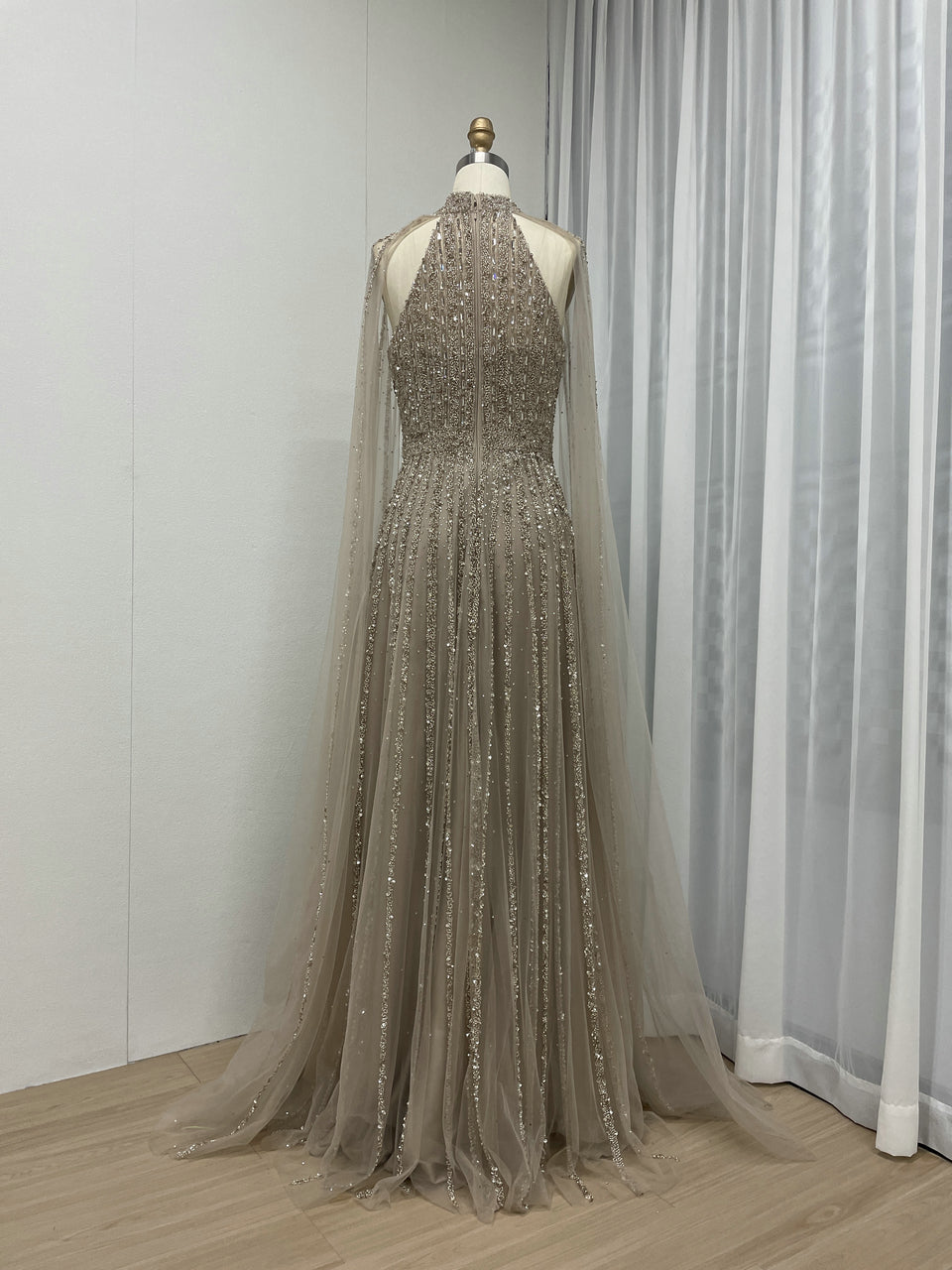 Cape Long Sleeve Couture Beading A Line Wedding Party Evening Dress MB40274