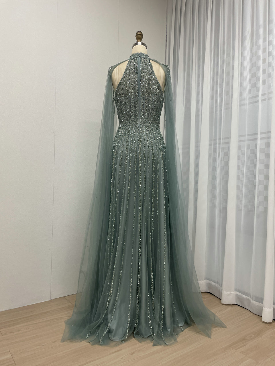 Cape Long Sleeve Couture Beading A Line Wedding Party Evening Dress MB40274