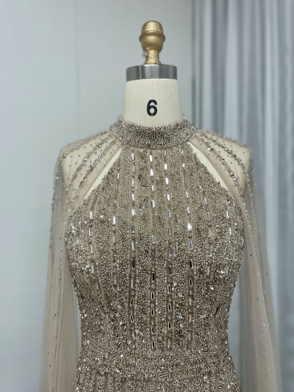 Cape Long Sleeve Couture Beading A Line Wedding Party Evening Dress MB40274