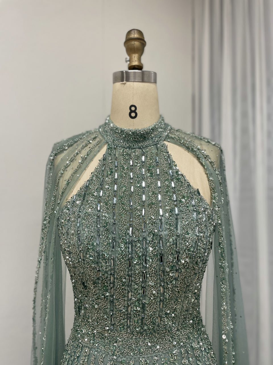 Cape Long Sleeve Couture Beading A Line Wedding Party Evening Dress MB40274