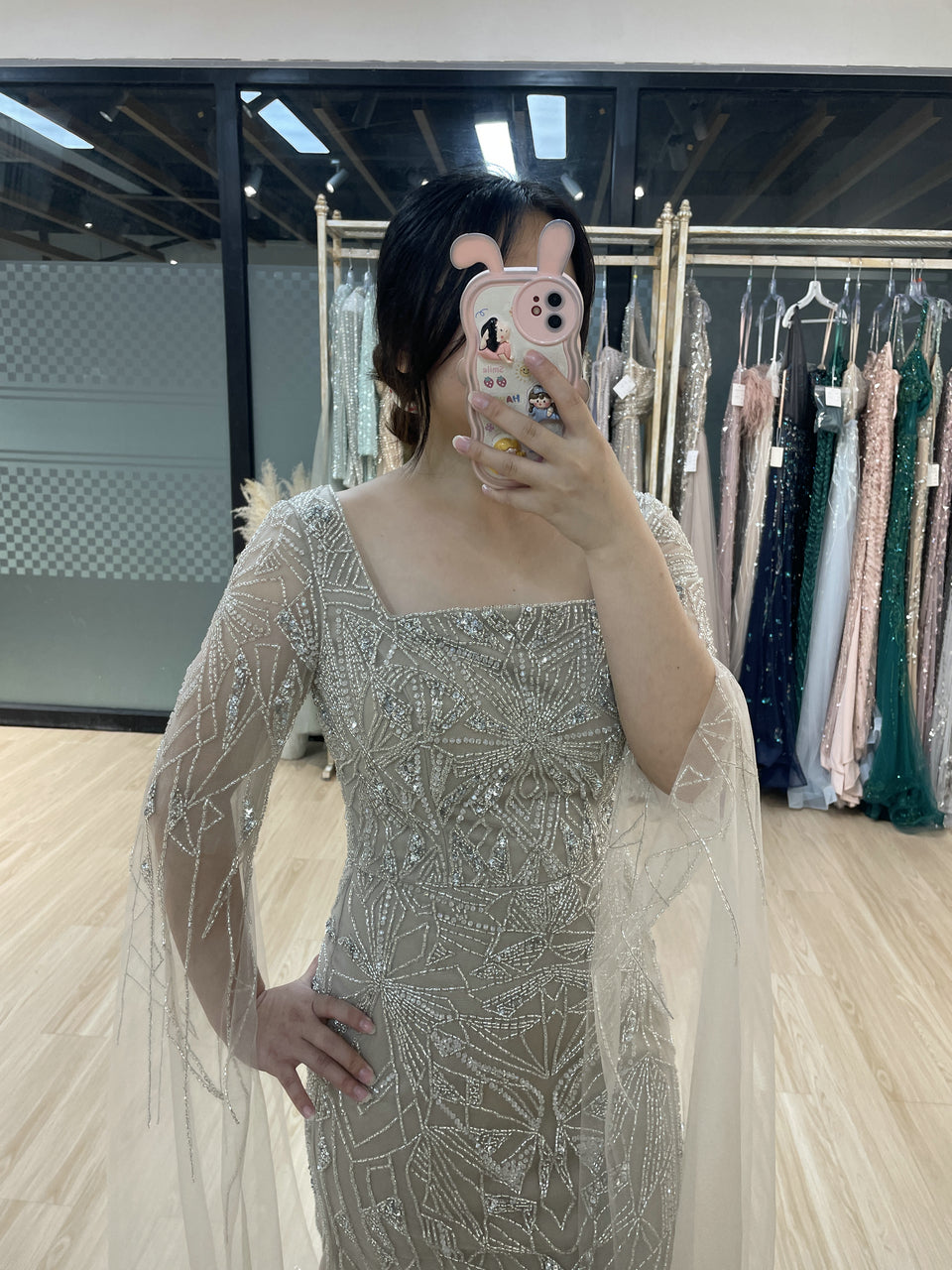 Square Neck Cape Long Sleeve Body Shaped Wedding Party Evening Dress MB40275