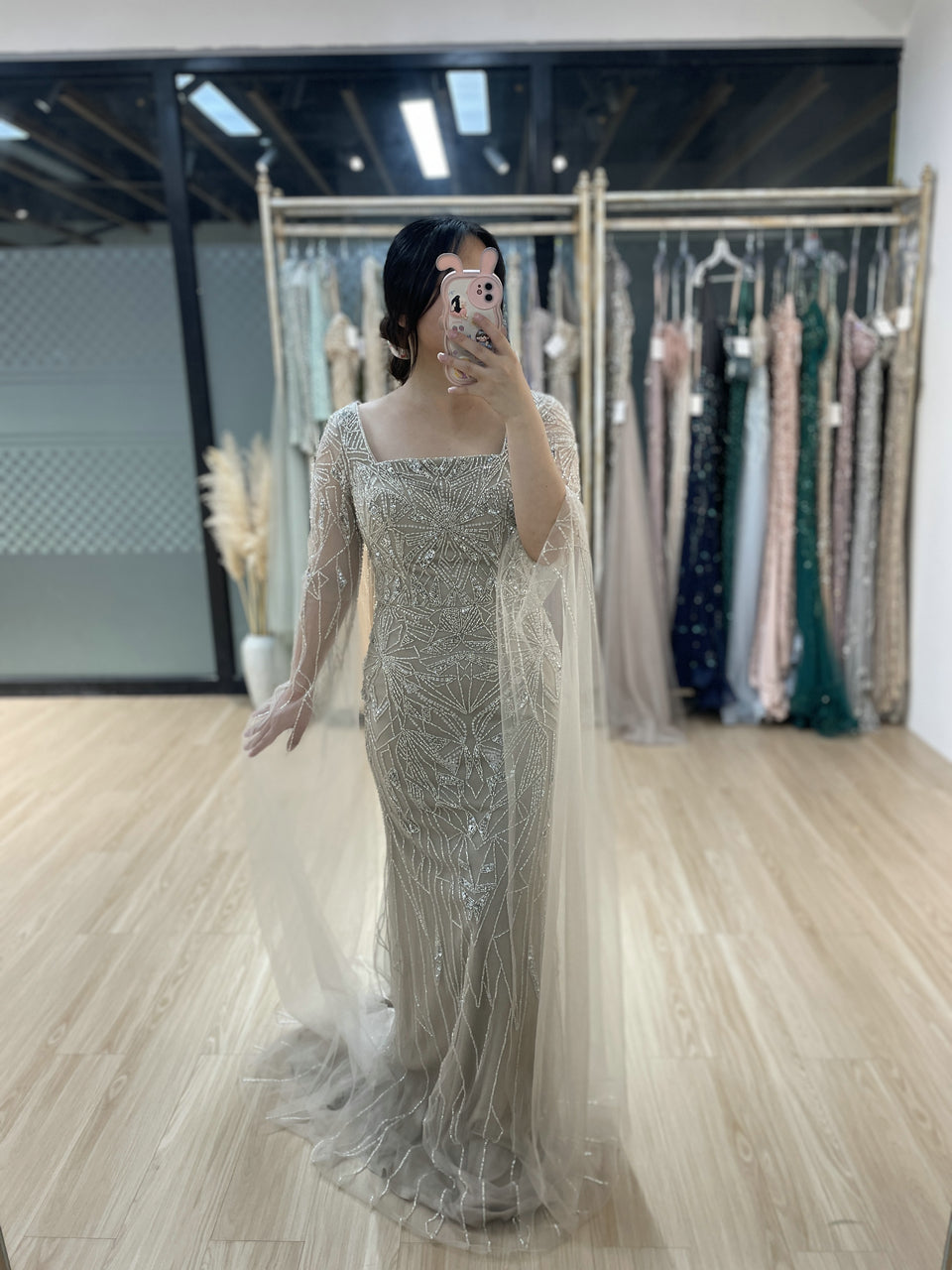 Square Neck Cape Long Sleeve Body Shaped Wedding Party Evening Dress MB40275