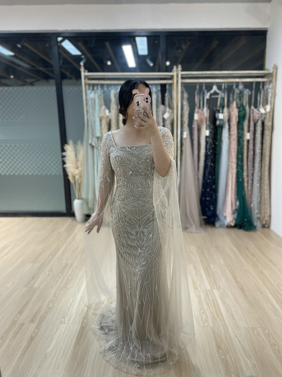 Square Neck Cape Long Sleeve Body Shaped Wedding Party Evening Dress MB40275