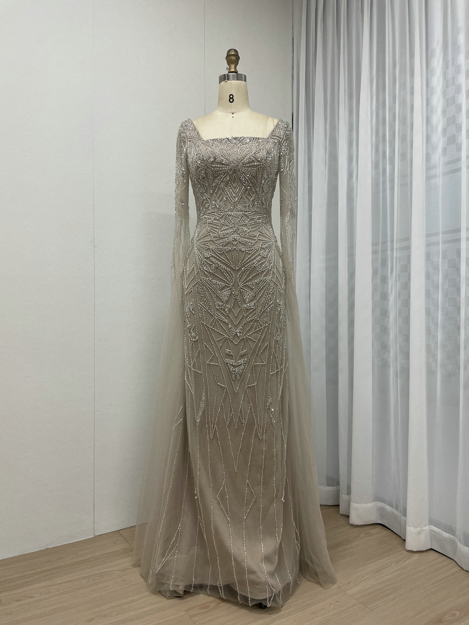 Square Neck Cape Long Sleeve Body Shaped Wedding Party Evening Dress MB40275