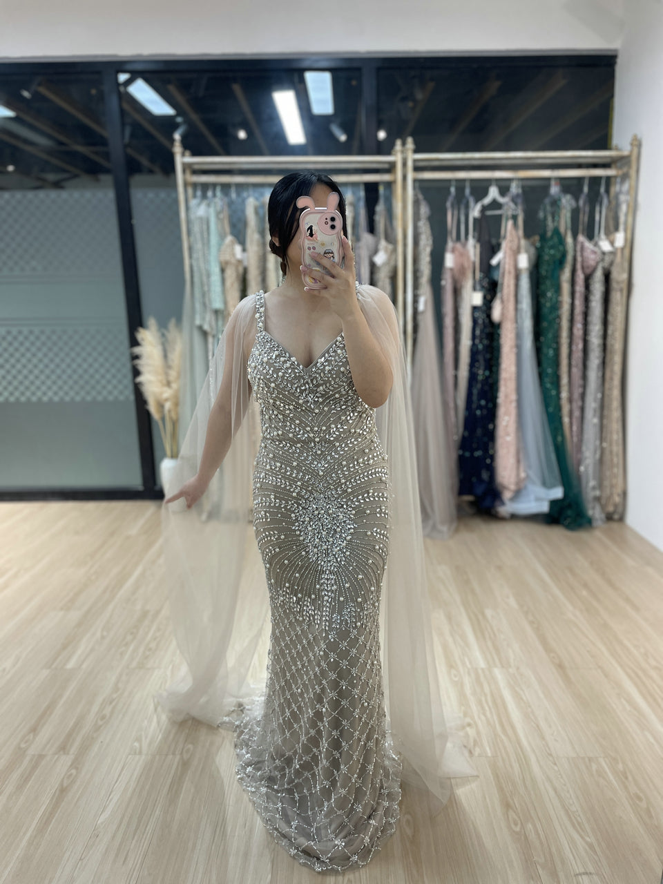 Spaghetti Strap Handmade Beading Cape Sleeve Nude Evening Dress MB40277