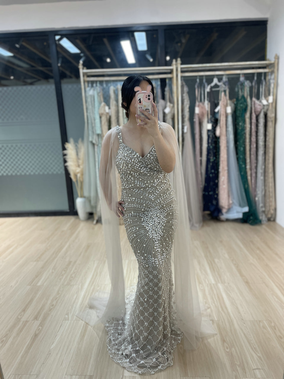 Spaghetti Strap Handmade Beading Cape Sleeve Nude Evening Dress MB40277