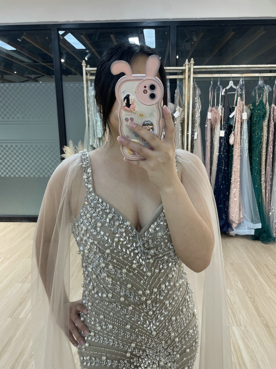 Spaghetti Strap Handmade Beading Cape Sleeve Nude Evening Dress MB40277